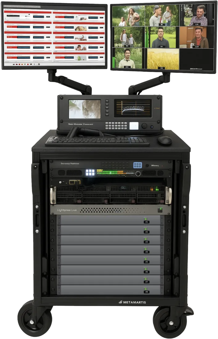 The FlyPack migration system: a rolling rack with two monitors, control deck, servers and eight analysis engines