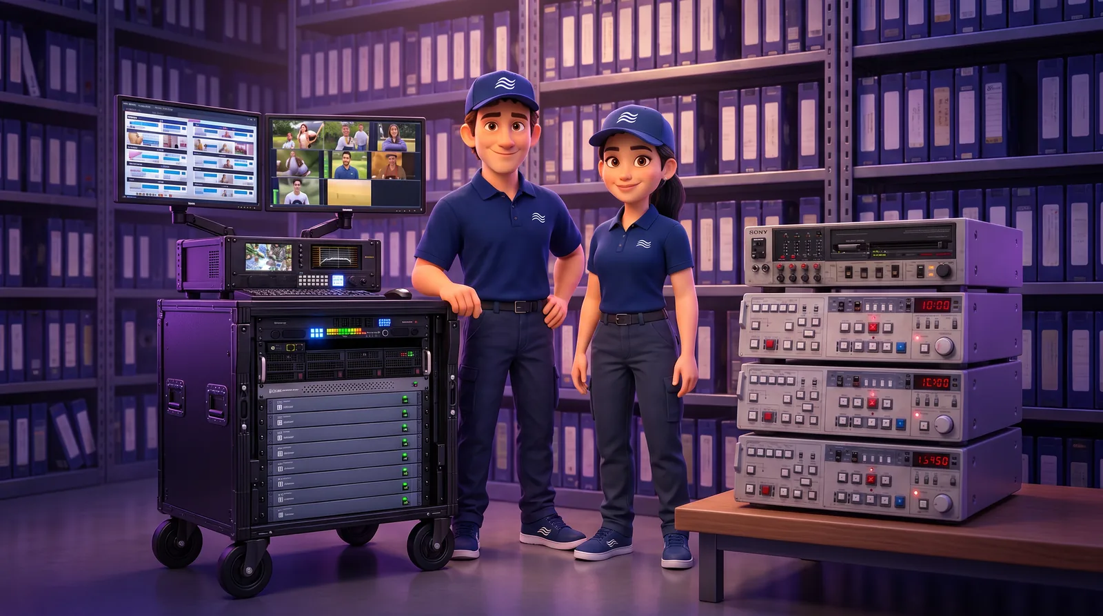 Eli and Ellen beside the FlyPack and a stack of Betacam decks, in front of Betacam shelves