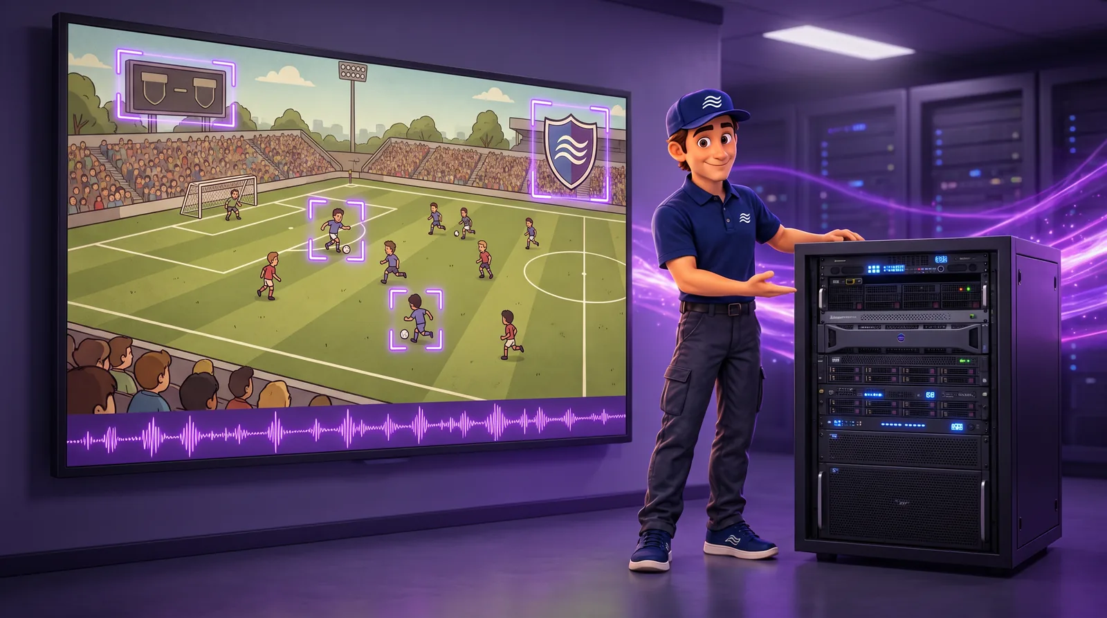 Eli beside a GPU server as AI indexing marks players, logos and on-screen text in a soccer match