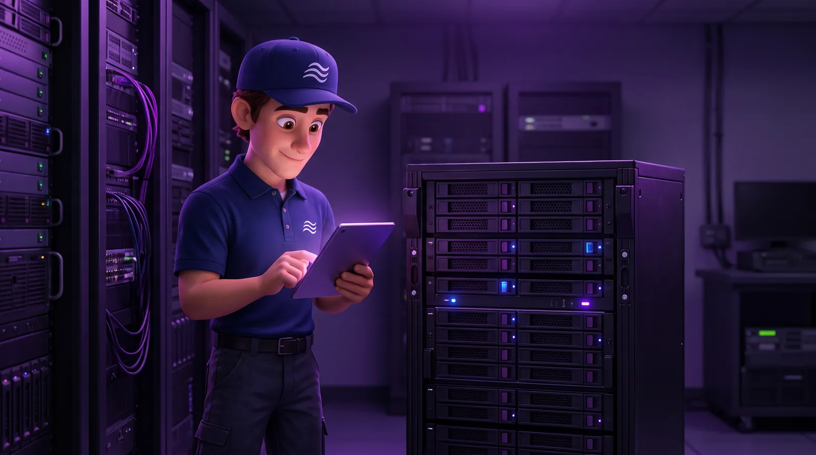 Eli checks a tablet beside a quiet on-premises storage rack