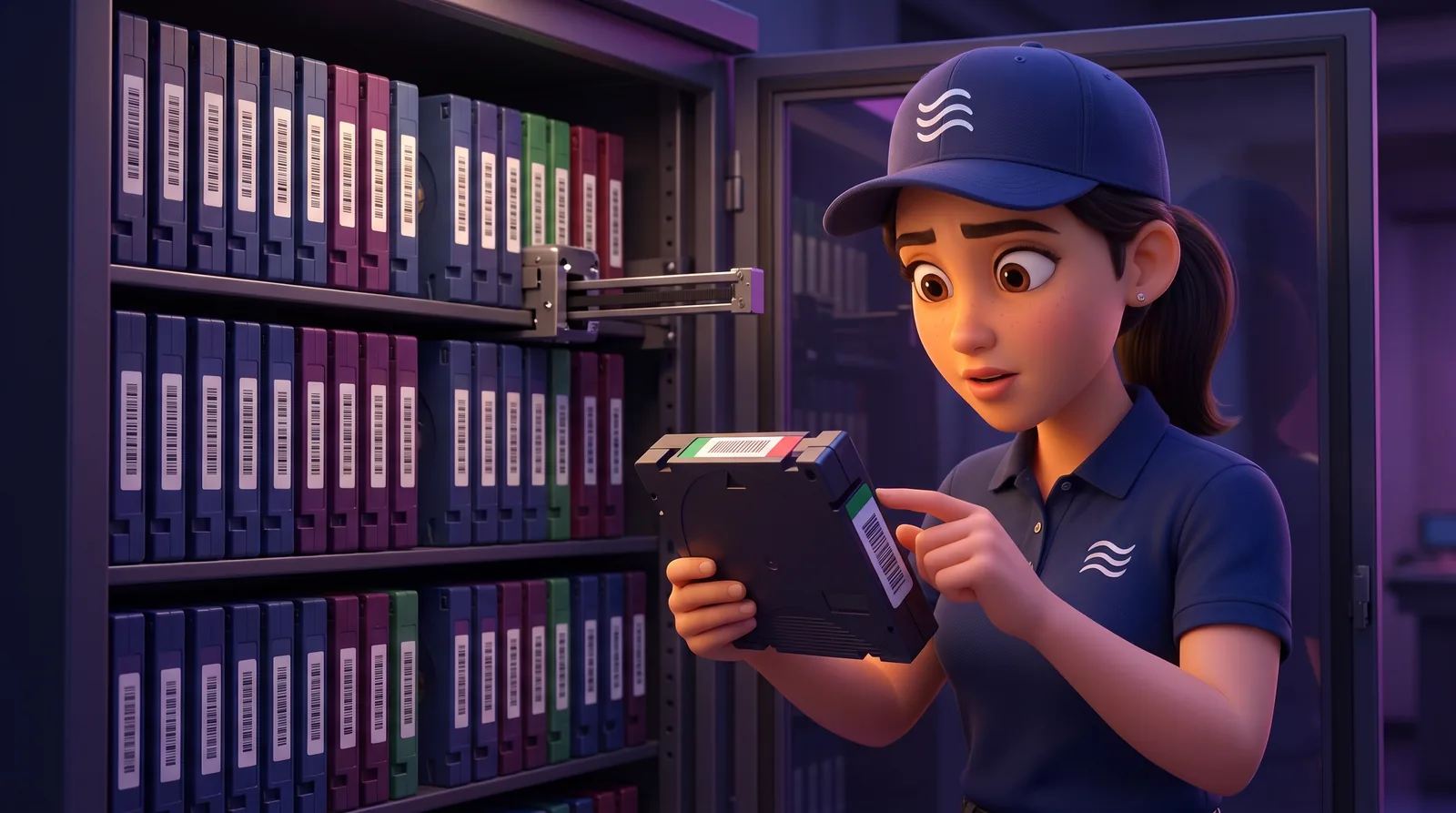 Ellen checks an LTO cartridge beside an open tape library