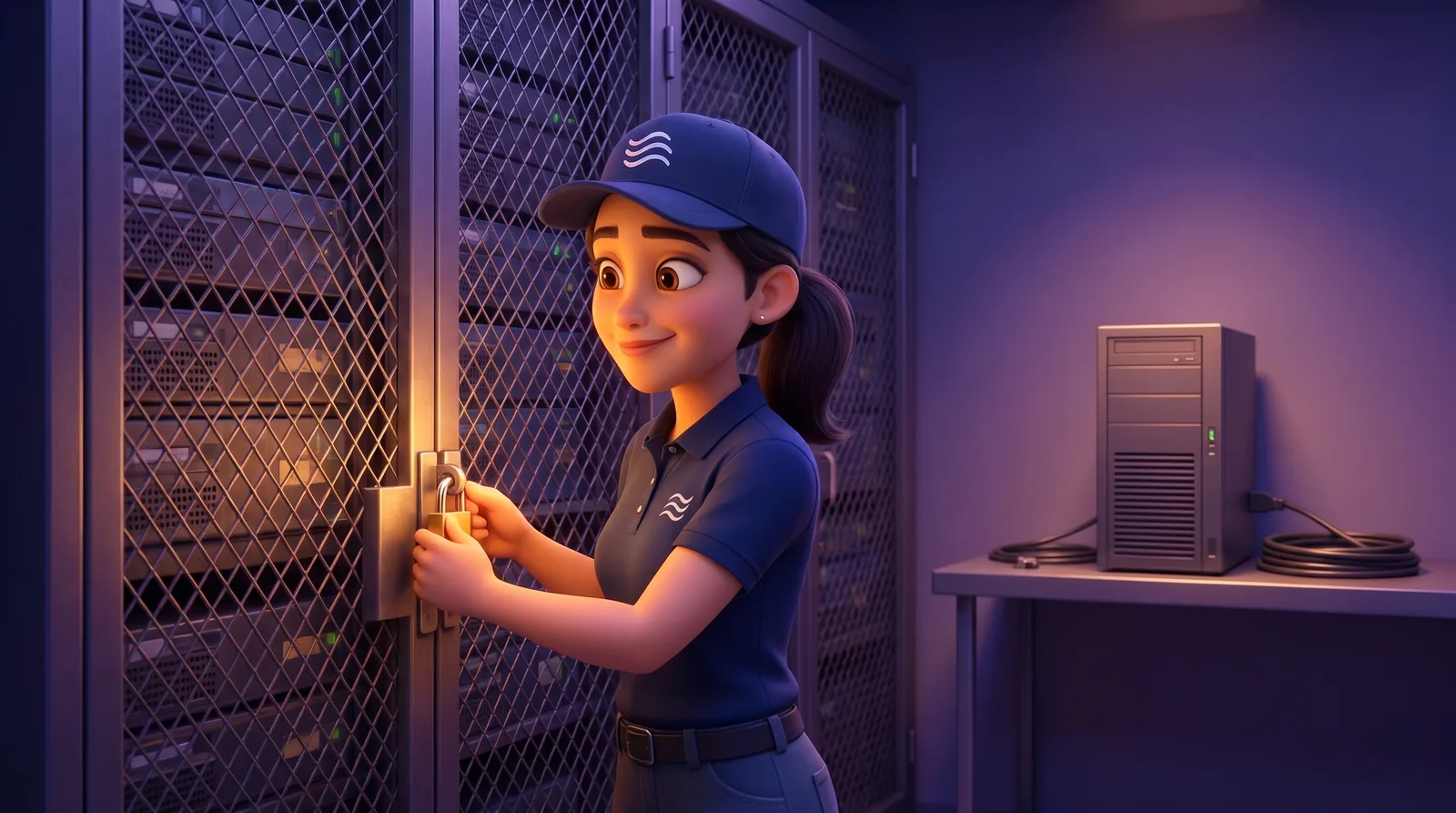 Ellen locks a server cage, with an unplugged air-gapped unit on a shelf