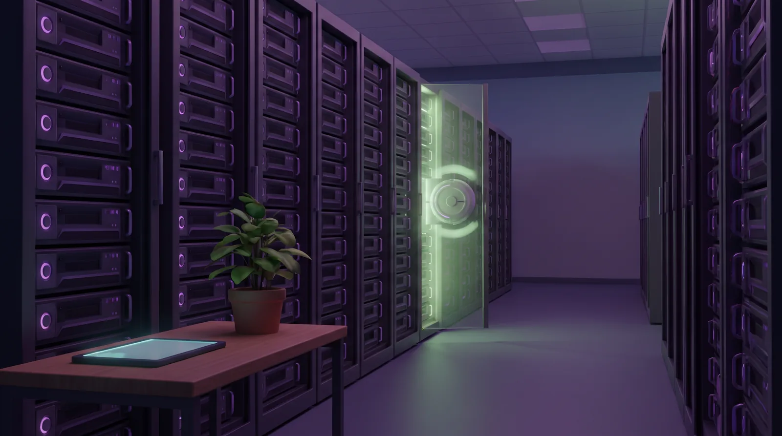 A quiet storage room with its racks powered down and a plant by the door